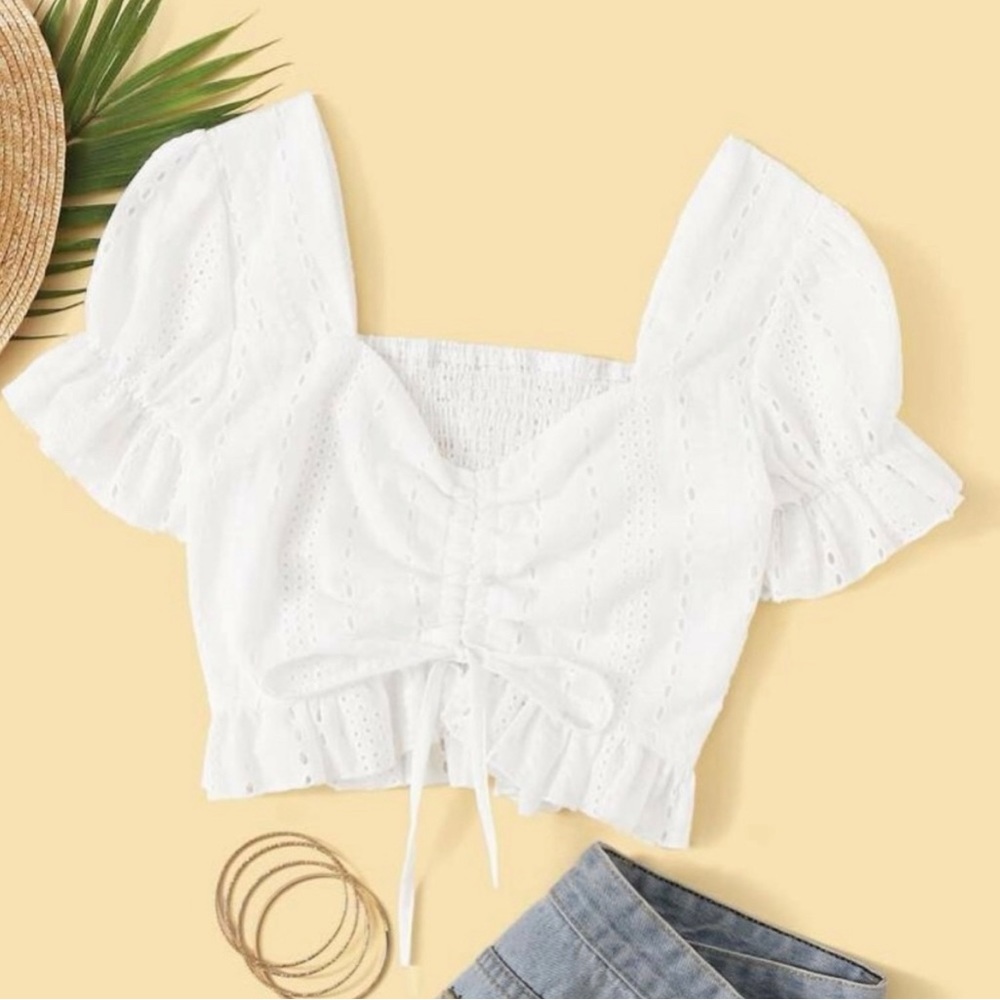 White Eyelet Crop Top with Puff Short Sleeves
